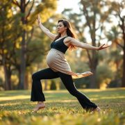 A pregnant woman doing yoga in black flared leggings, maternity activewear, in an Australian park.