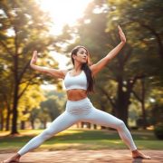 A woman doing yoga in black high waisted leggings with pockets, set in an Australian park.