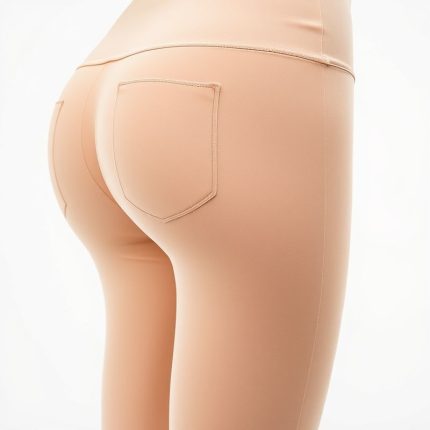 Beige seamless flare black legging with pockets on white background, hyperrealistic studio photo.