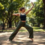 A woman in black wide leg yoga pants seamless shorts performing a yoga pose in an Australian park.