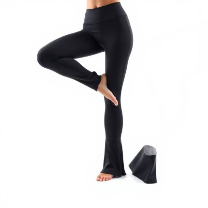 Flare black yoga pants in charcoal, hyperrealistic studio photo on white background, black flared leggings.