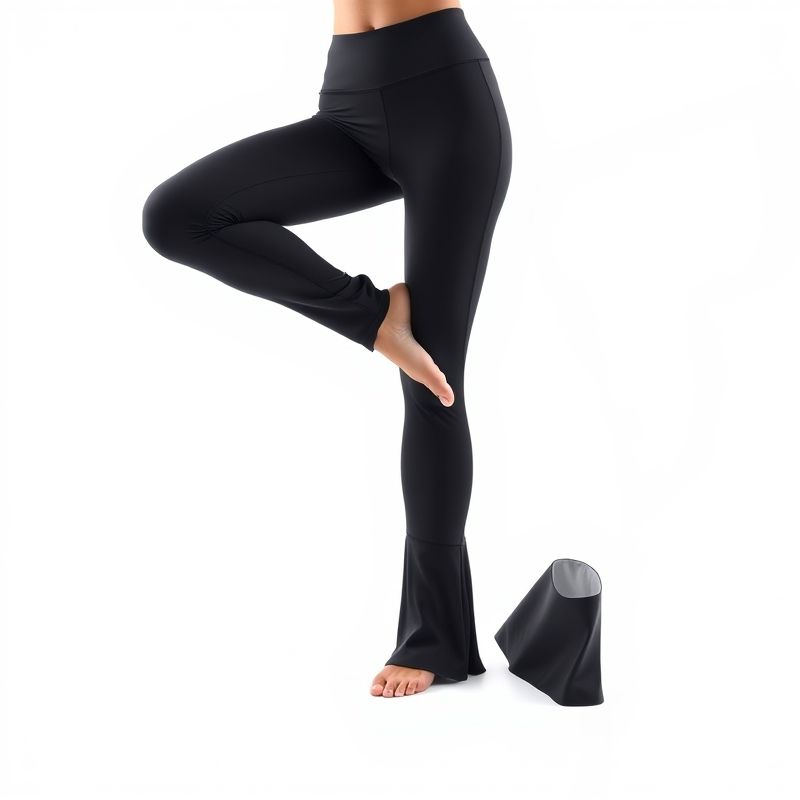 Flare black yoga pants in charcoal, hyperrealistic studio photo on white background, black flared leggings.