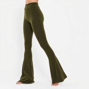 High-waisted flare black yoga pants in olive green on white background, photorealistic studio shot.