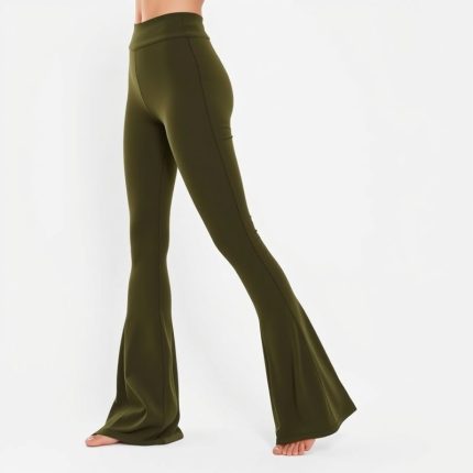High-waisted flare black yoga pants in olive green on white background, photorealistic studio shot.