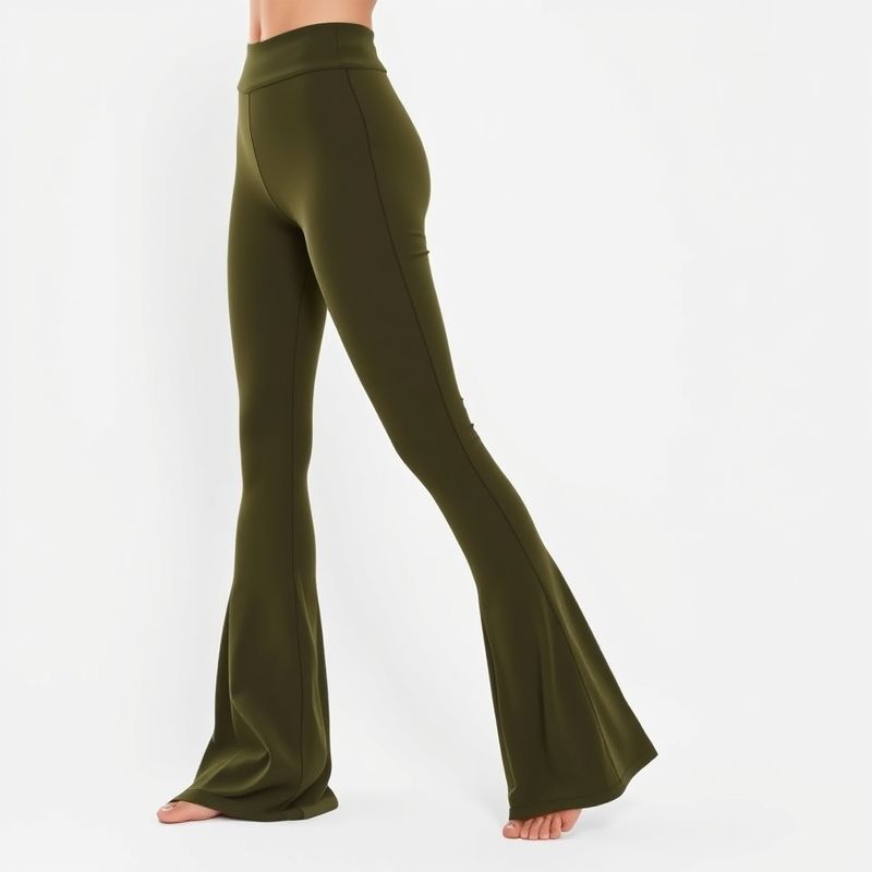 High-waisted flare black yoga pants in olive green on white background, photorealistic studio shot.