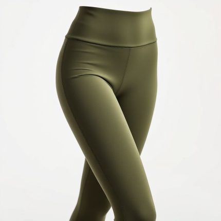 High waisted yoga pants in olive green, petite fit, studio shot on white background, hyperrealistic 8k image.
