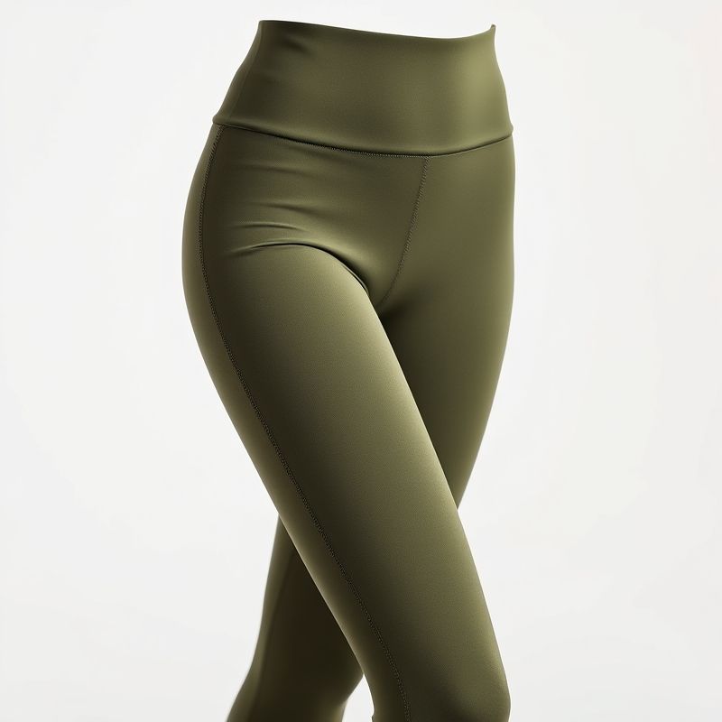 High waisted yoga pants in olive green, petite fit, studio shot on white background, hyperrealistic 8k image.