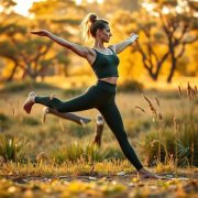 A woman in high waisted yoga pants performing a yoga pose in an Australian park, Olive Green petite yoga pants in motion.