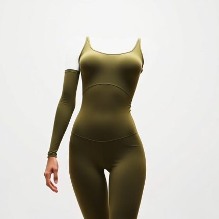 Olive green yoga bodysuit jumpsuit on white background, hyperrealistic studio photo, 8k quality.