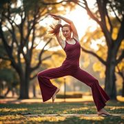 A woman in burgundy yoga pants flare performing a warrior pose in an Australian park, focus on the flare yoga pants in motion.