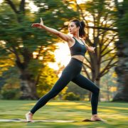 A man wearing high-waisted black yoga pants men in charcoal, performing a yoga pose in an Australian park.